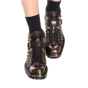 Miu Miu Brown and Gold Studded COMBAT Ankle Boots sz EU38  US8